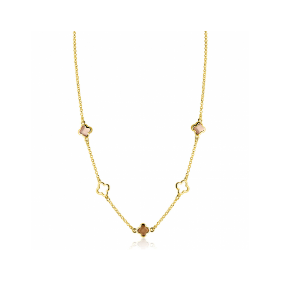 ZINZI gold plated zilveren collier 45cm met drie klavervormige zettingen met bruine kleurstenen ZIC2772 - 58386