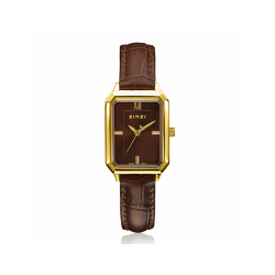 ZINZI Allure horloge 30mm achthoekige kast, bruine wijzerplaat, geelgoudkleurige kast en leren band, Japans uurwerk ZIW2536B - 59040