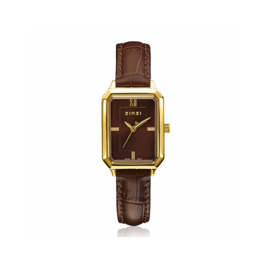 ZINZI Allure horloge 30mm achthoekige kast, bruine wijzerplaat, geelgoudkleurige kast en leren band, Japans uurwerk ZIW2536B - 59040