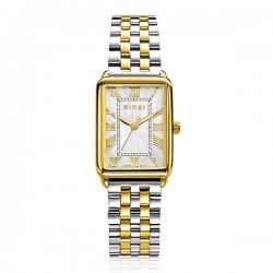 ZINZI Elegance bicolor horloge witte wijzerplaat en rechthoekige goudkleurige kast en bicolor stalen schakelband 28mm extra dun ZIW1907 - 53502
