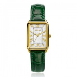 ZINZI Elegance bicolor horloge witte wijzerplaat en rechthoekige goudkleurige kast en groene leren band 28mm extra dun ZIW1907G - 53504