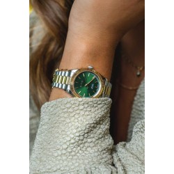 INZI Solaris horloge met groene wijzerplaat, stalen bicolor kast 35mm en stalen bicolor band met clip-sluiting. Het Japanse uurwerk loopt op zon- en kunstlicht ZIW2135 - 54128